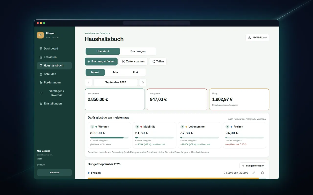 Finanzplaner am PC im Browserfenster: Haushaltsbuch mit Monatsübersicht (Beispieldaten)