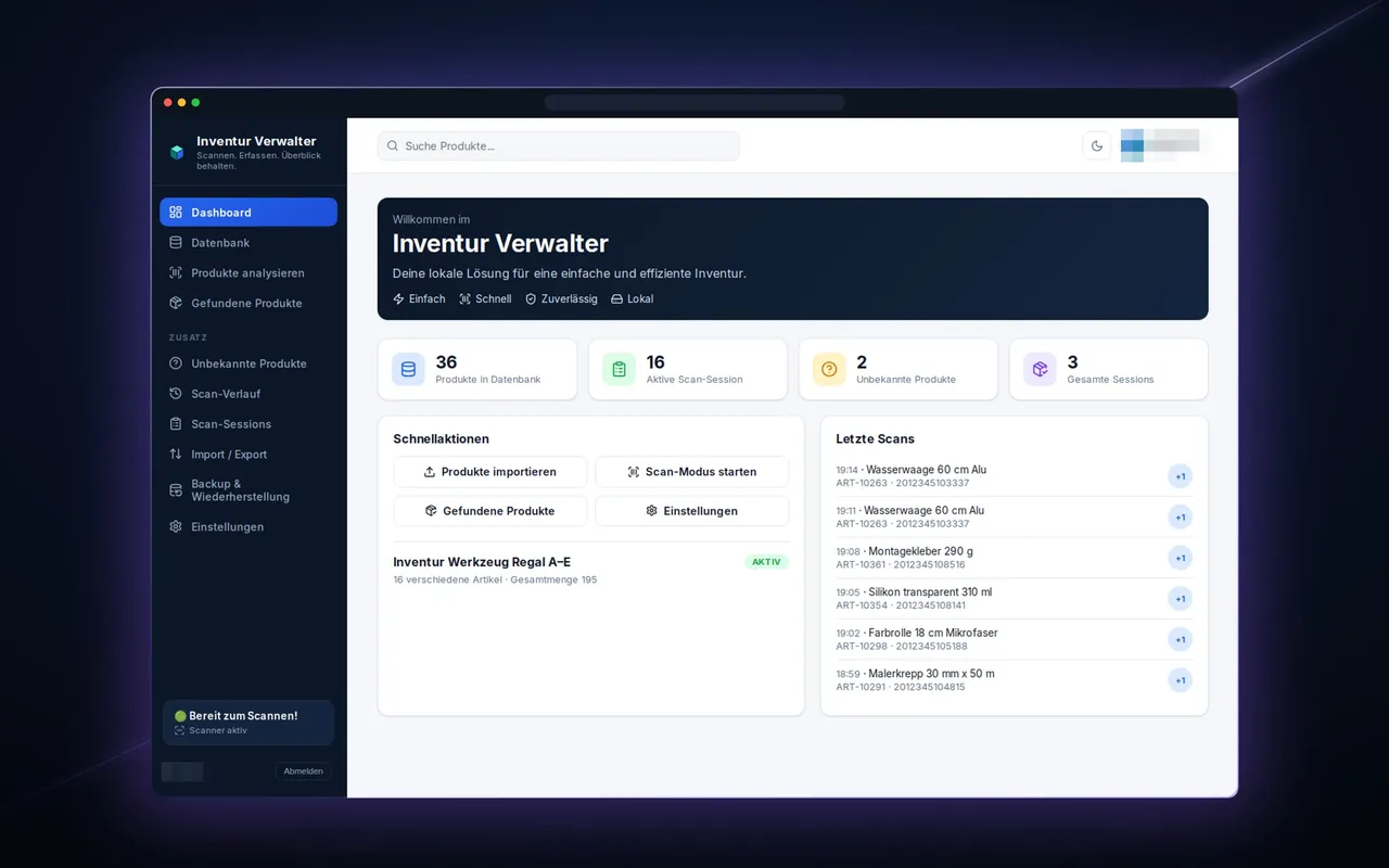 Produktscan am PC im Browserfenster: Dashboard mit Kennzahlen und letzten Scans (Beispieldaten)