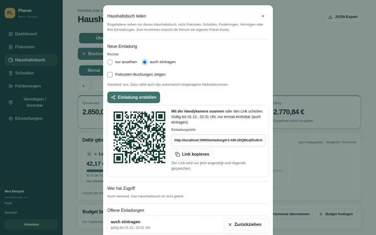 Finanzplaner am PC: Haushaltsbuch teilen mit Rechten und QR-Code (Beispieldaten)
