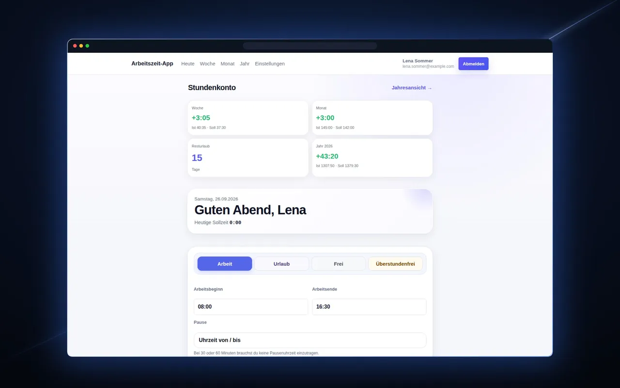 Arbeitszeit-App am PC im Browserfenster: Stundenkonto und Erfassung des Tages (Beispieldaten)