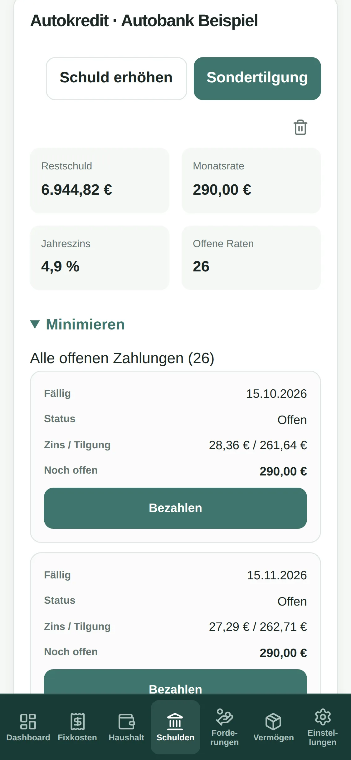 Handy-Ansicht der Schulden mit Autokredit, Restschuld, Zinssatz und einer Liste der offenen Raten mit Zahlen-Knopf.