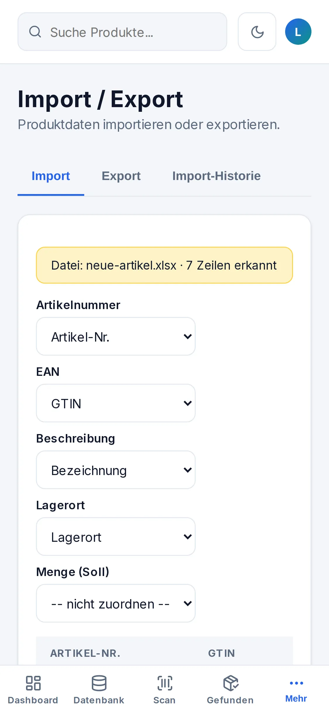 Handy-Ansicht des Imports mit erkannten Spalten Artikelnummer, EAN, Beschreibung und Lagerort für eine Datei mit 7 Zeilen.