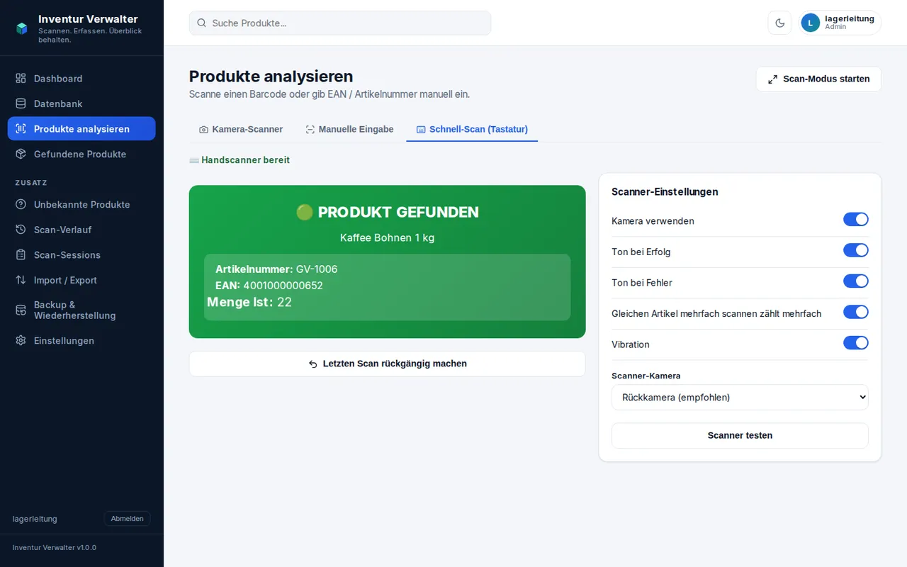 PC-Ansicht der Scan-Seite mit dem Hinweis "Handscanner bereit" und einer grünen Karte "Produkt gefunden" für Kaffee Bohnen 1 kg.