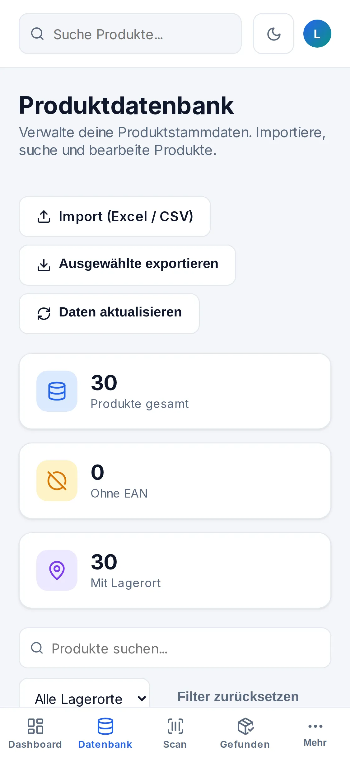 Handy-Ansicht der Produktdatenbank mit Knöpfen für Import und Export sowie Kennzahlen zu 30 Produkten.