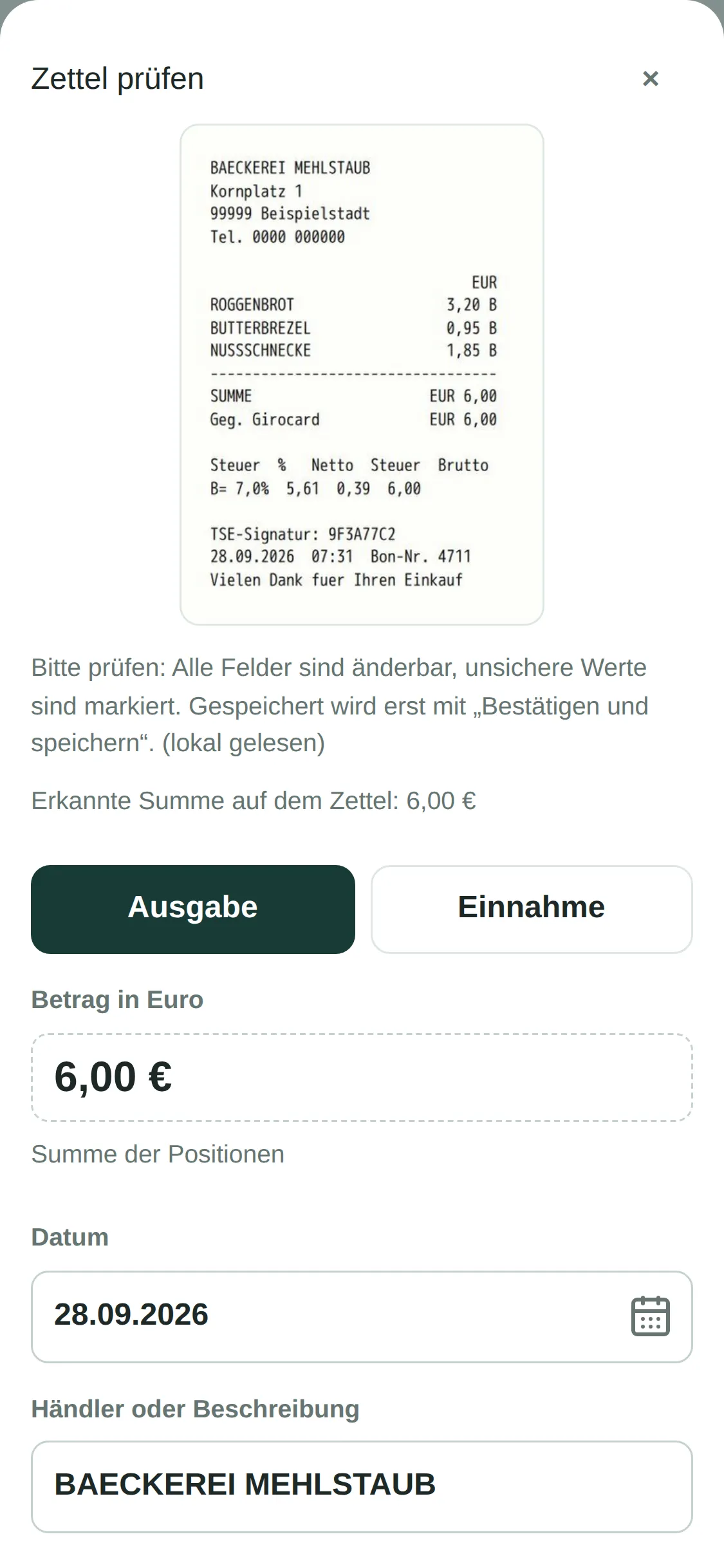 Handy-Ansicht des Haushaltsbuchs mit einem Foto eines Bäckerei-Kassenzettels und den erkannten Feldern Betrag, Datum und Händler.