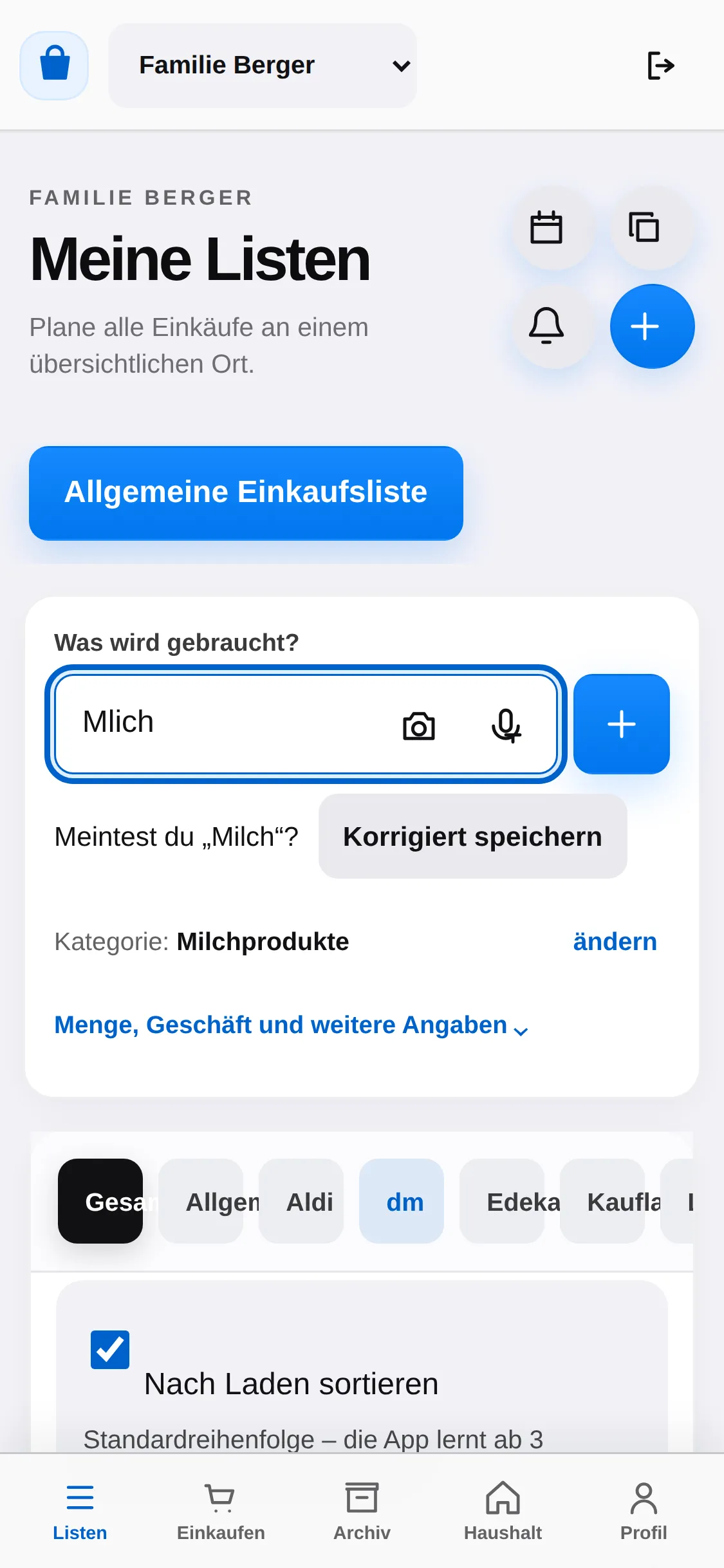 Handy-Ansicht mit dem Eingabefeld, in dem "Mlich" steht, darunter die Frage "Meintest du Milch?" und die Kategorie "Milchprodukte".