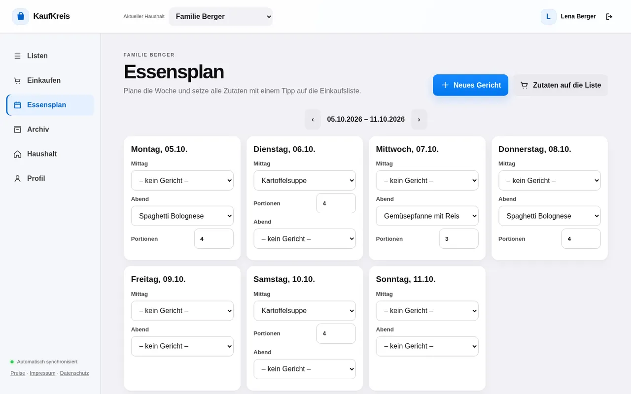 Computer-Ansicht des Essensplans mit sieben Tageskarten von Montag bis Sonntag und den Schaltflächen "Neues Gericht" und "Zutaten auf die Liste".