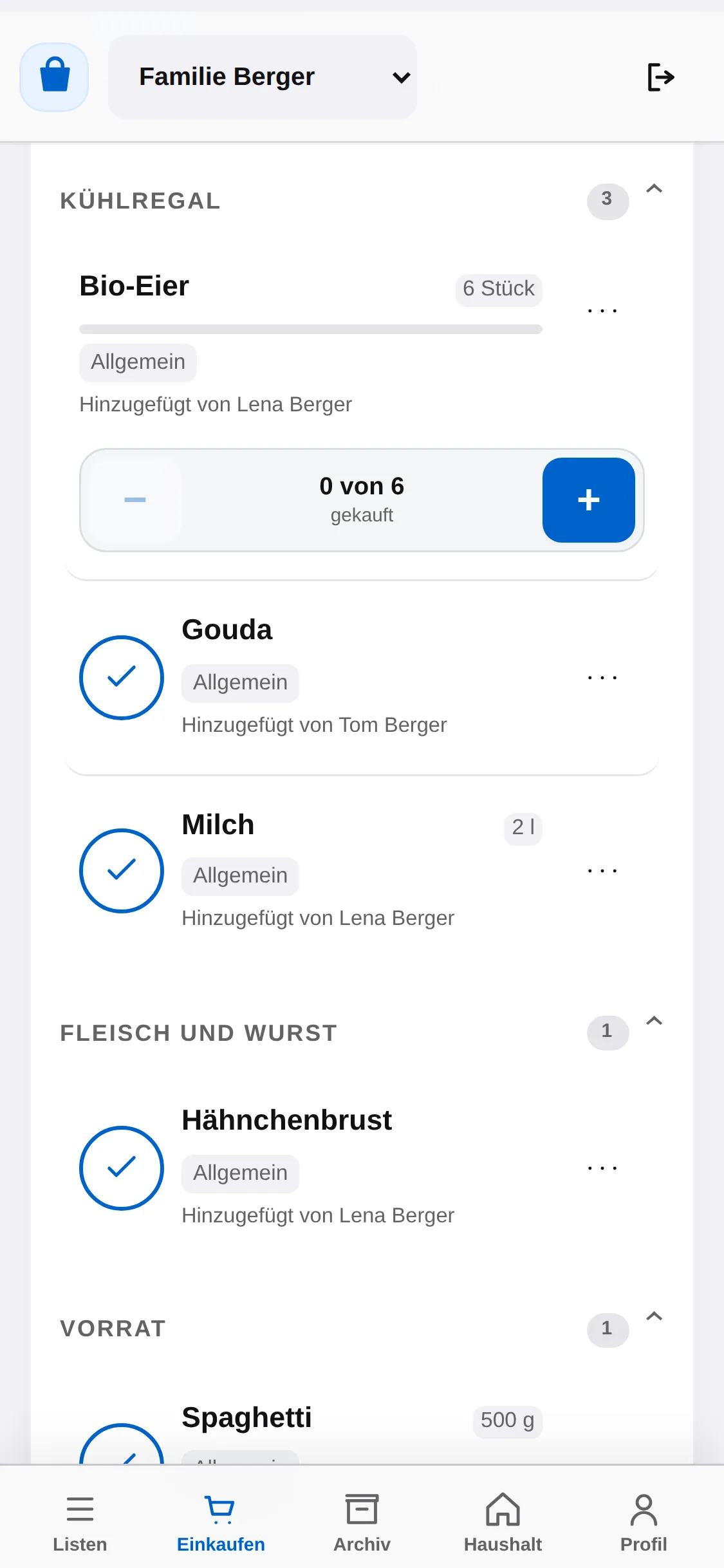 Handy-Ansicht "Einkaufen" mit den Gruppen "Kühlregal", "Fleisch und Wurst" und "Vorrat", darunter Bio-Eier mit Zähler "0 von 6 gekauft".