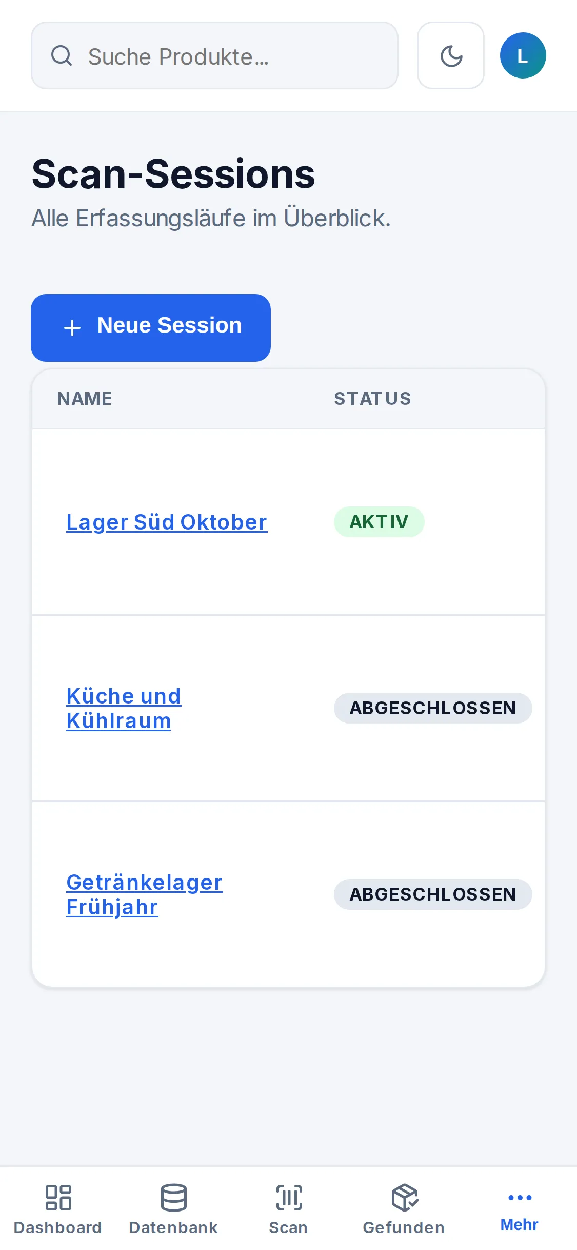 Handy-Ansicht der Session-Liste mit der aktiven Zählung "Lager Süd Oktober" und zwei abgeschlossenen Zählungen.