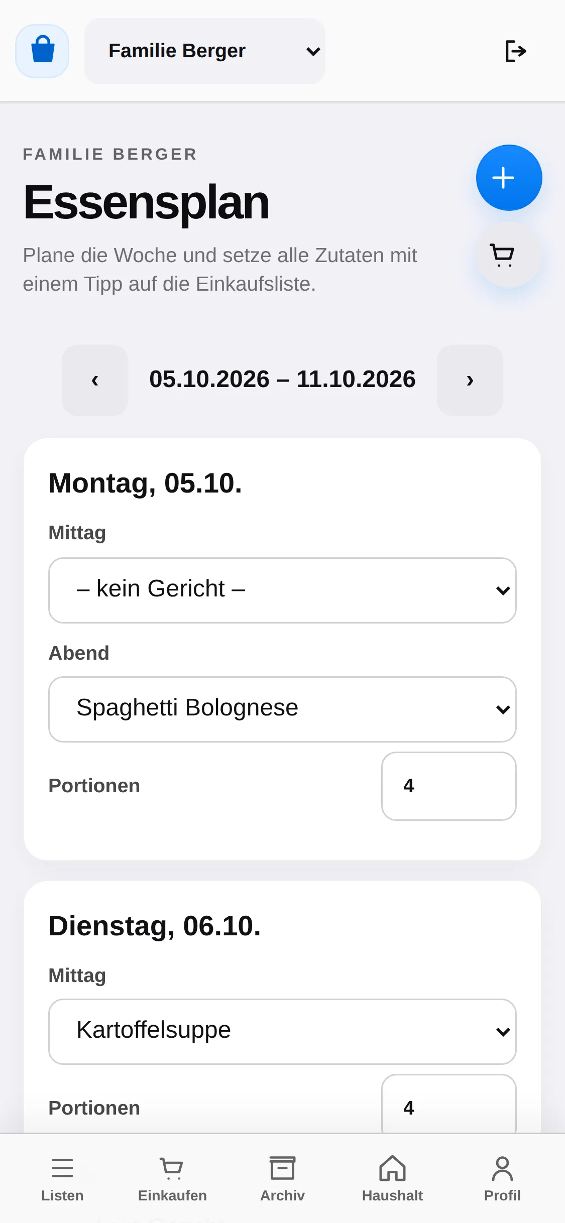 Handy-Ansicht des Essensplans für eine Woche mit Spaghetti Bolognese am Montagabend und Kartoffelsuppe am Dienstagmittag.