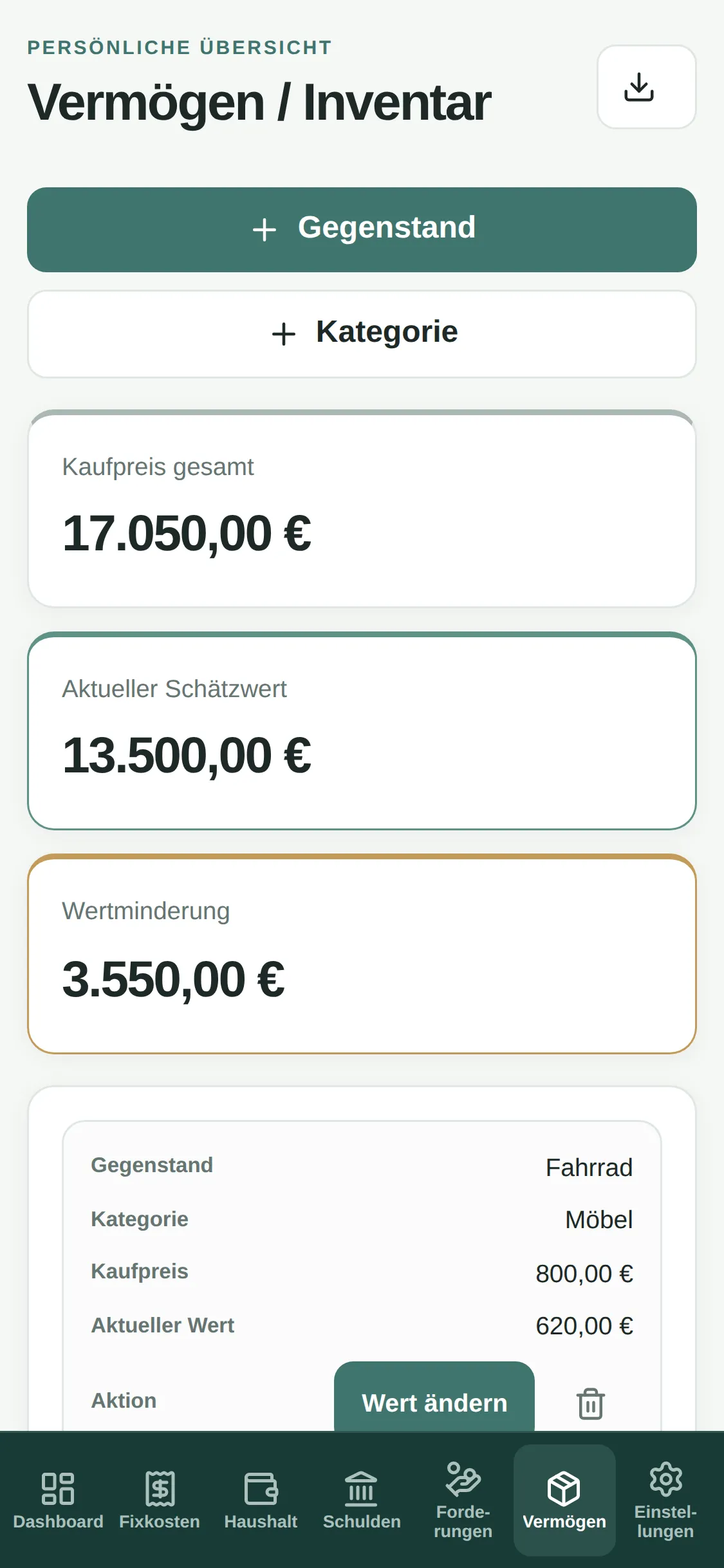 Handy-Ansicht von Vermögen und Inventar mit drei Summenkarten und einem Gegenstand in der Liste.