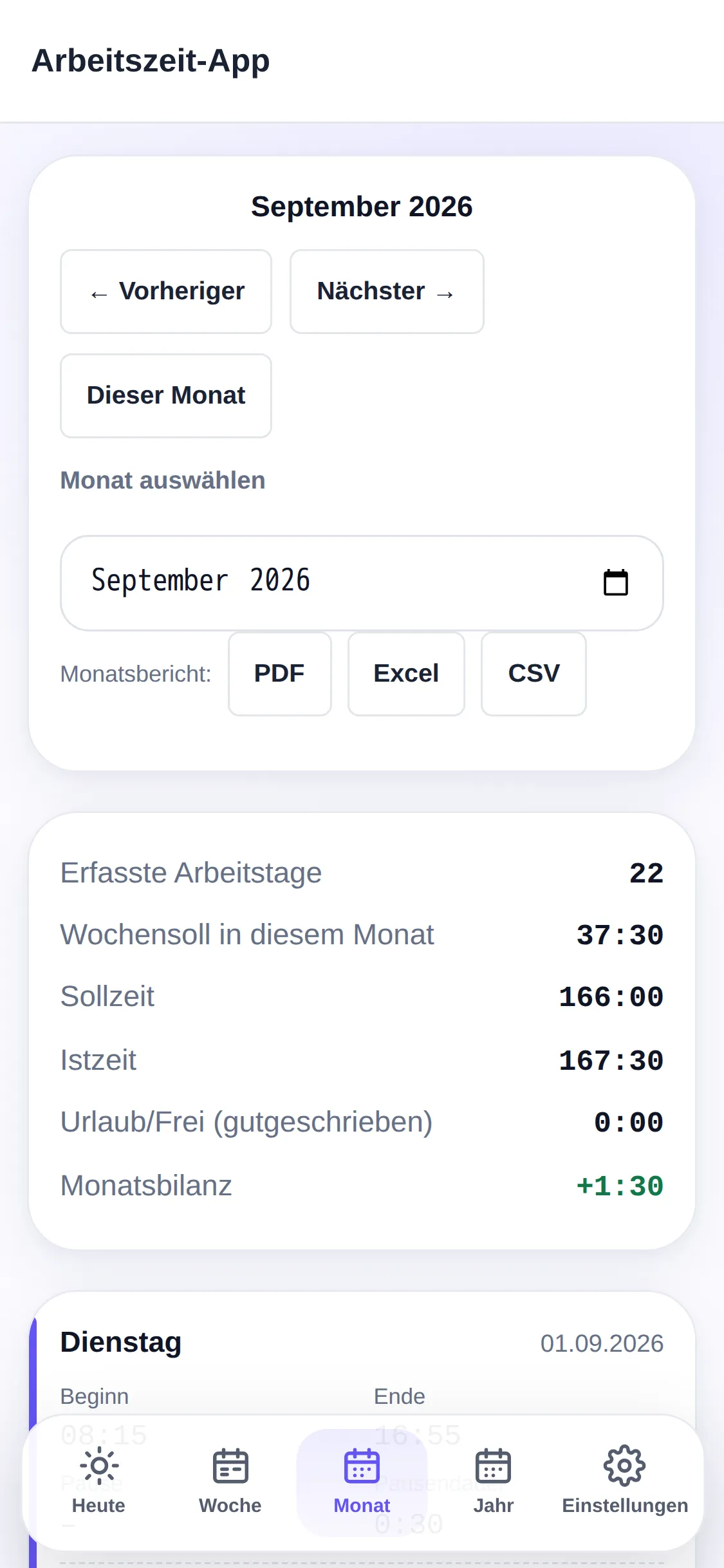 Handy-Ansicht der Monatsübersicht mit Summen für Soll, Ist und Monatsbilanz sowie Schaltflächen für PDF, Excel und CSV.
